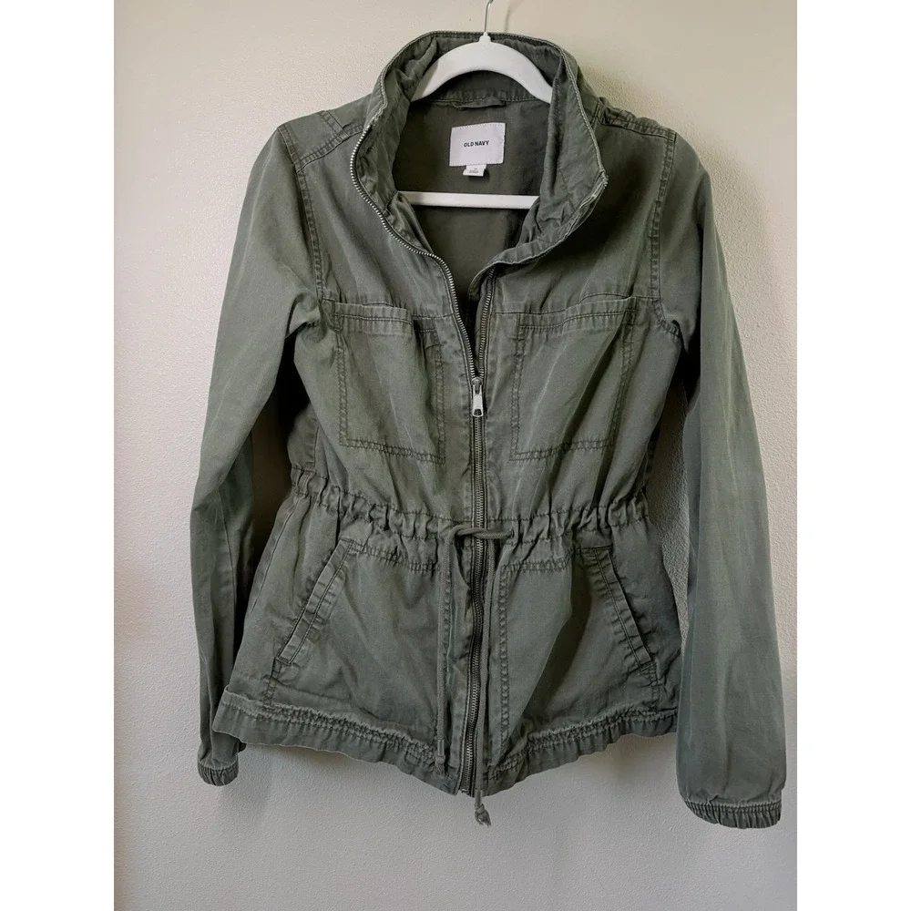 Old Navy Womens Green Canvas Utility Jacket Cinch Waist Full Zip Size Medium‎